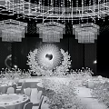 Luxurious Banquet Hall With Crystal Chandeliers Circular Backdrop And Decorative Flowers