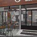 Modern Cafe Interior With Wooden Counter Orange Stools And Pendant Lights