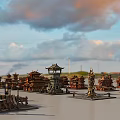 Traditional Chinese Architecture With Elegant Curved Cornices And Historic Roofs On Water Surface Under Sunset