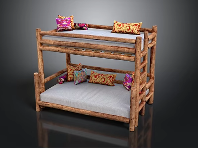 Wooden Bunk Bed Design With Colorful Decorative Pillows Sturdy Log Frame And Comfortable Mattress 3d model