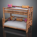 Wooden Bunk Bed Design With Colorful Decorative Pillows Sturdy Log Frame And Comfortable Mattress