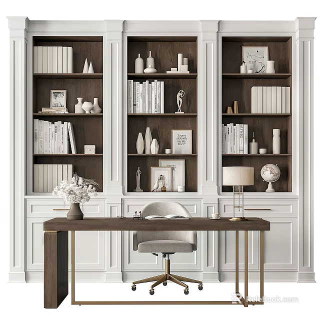White Modern Bookshelf With Books Decorative Vases Frames And Front Desk Chair 3d model 