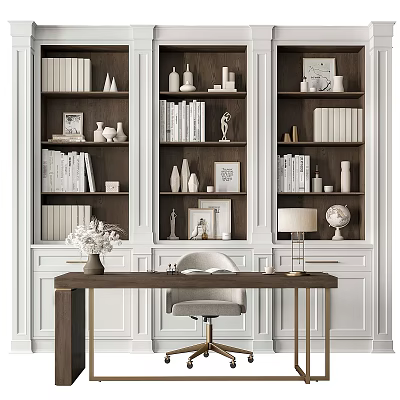 White Modern Bookshelf With Books Decorative Vases Frames And Front Desk Chair 3d model
