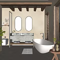 Hotel Bathroom Interior With Double Oval Mirrors Double Vanity Freestanding Bathtub And Wooden Beam Ceiling