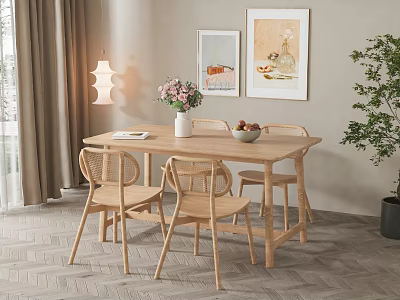 Cozy Modern Dining Table Set With Chairs Flower Vase Fruit Bowl And Wall Paintings 3d model