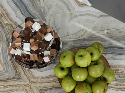 Inflatable Cube Decoration Brown Silver Blocks On Marble Countertop With Green Apples Wooden Bowl 3d model