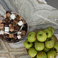 Inflatable Cube Decoration Brown Silver Blocks On Marble Countertop With Green Apples Wooden Bowl