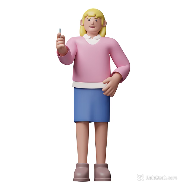 Woman holding toothbrush in pink sweater with white collar blue skirt and blonde short hair 3d model 