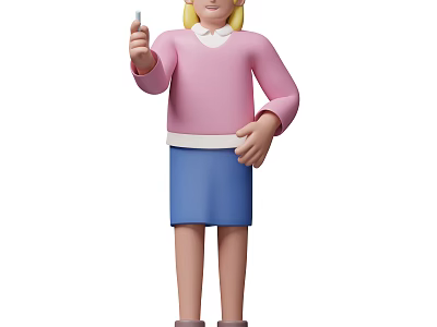 Woman holding toothbrush in pink sweater with white collar blue skirt and blonde short hair 3d model