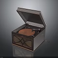 Classic Vintage Gramophone With Open Wooden Case Decorative Patterns And Tonearm