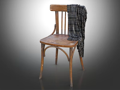 Vintage Wooden Leisure Chair With Plaid Blanket Draped Over Backrest 3d model