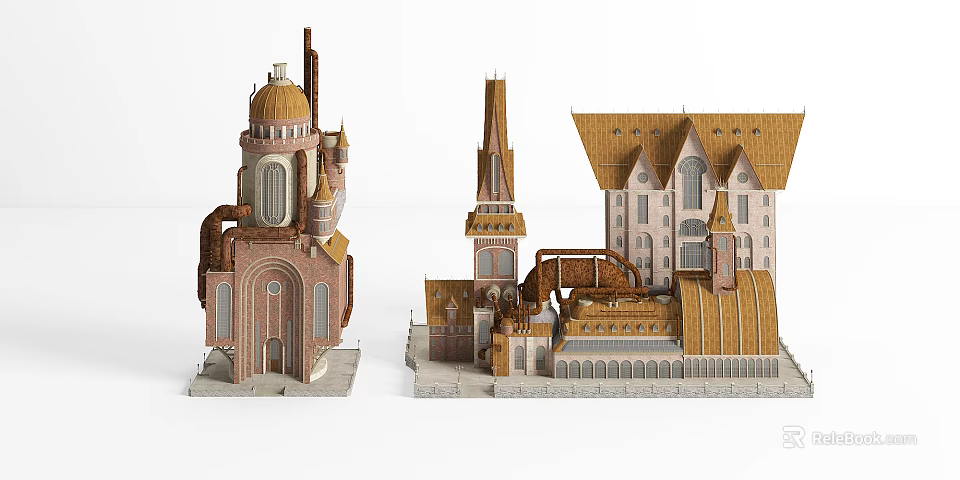 Ancient Architecture Models Featuring Dome Spire Tower Brown Roof And Arched Windows 3d model 