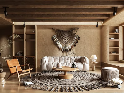 Warm Natural Living Room Interior With Macramé Wall Hanging Sofa Wooden Chair And Round Woven Rug 3d model