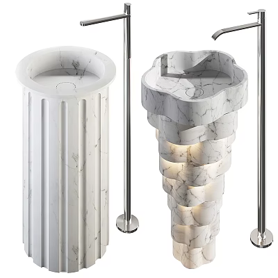 Artistic Marble Pedestal Sinks Featuring Columnar and Spiral Design with Metal Stands 3d model
