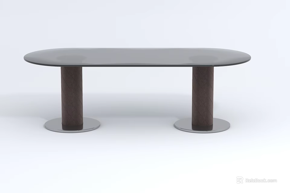 Modern Oval Coffee Table With Glass Top And Dark Wooden Legs On Metal Bases 3d model 