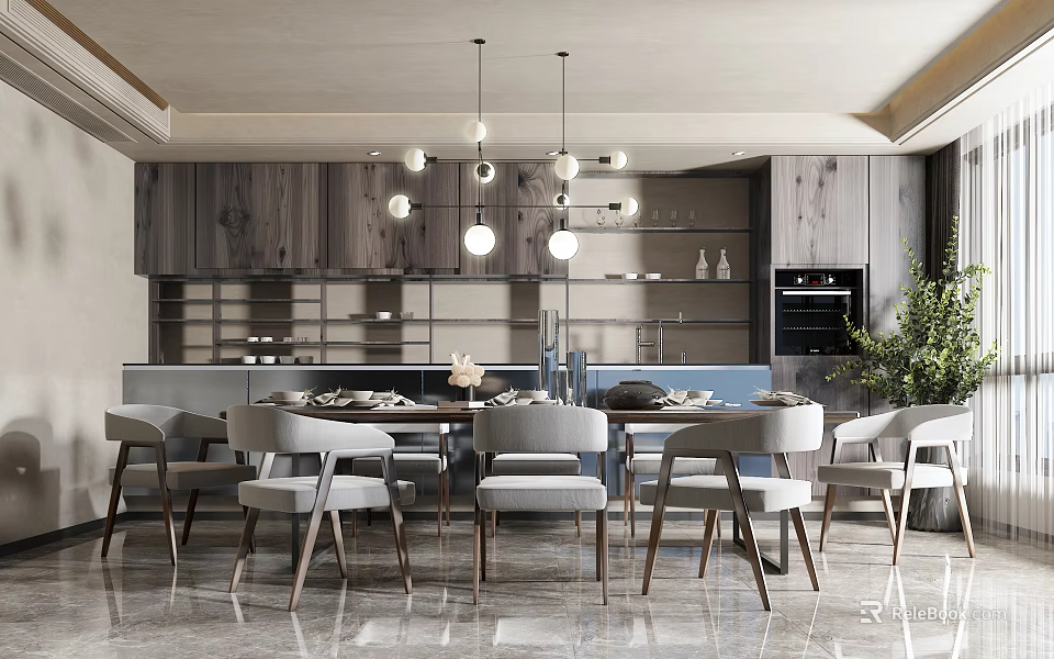 Elegant Modern Dining Table Set with Gray Chairs Pendant Lights and Wooden Cabinets 3d model 
