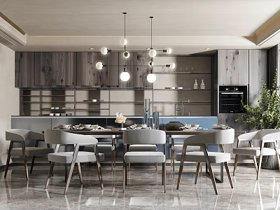 Elegant Modern Dining Table Set with Gray Chairs Pendant Lights and Wooden Cabinets 3d model
