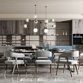 Elegant Modern Dining Table Set with Gray Chairs Pendant Lights and Wooden Cabinets