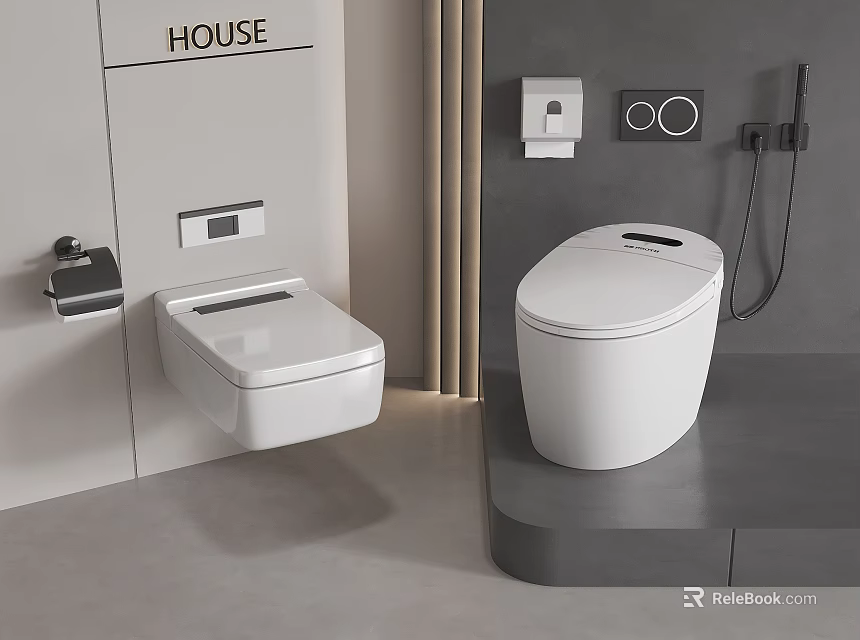 Modern Bathroom Interior Design With Wall Mounted And Floor Standing Toilets And Fixtures 3d model 