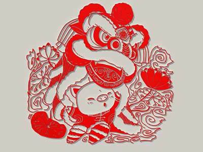 Traditional Chinese Red Paper Cut Wall Decor With Dancing Lion Lotus And Cloud Patterns 3d model