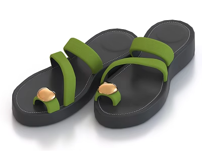 Green Strap Black Sole Sandals With Golden Round Decorations For Casual Style 3d model