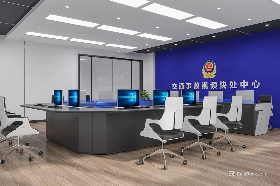 Office Interior of Traffic Accident Traceability Quick Handling Center with Blue Wall Desks Computers Chairs 3d model 