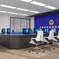 Office Interior of Traffic Accident Traceability Quick Handling Center with Blue Wall Desks Computers Chairs