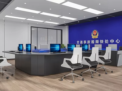 Office Interior of Traffic Accident Traceability Quick Handling Center with Blue Wall Desks Computers Chairs 3d model