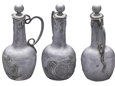 Traditional Silver Colored Ceramic Vessels With Carved Designs Spouts And Handles 3d model