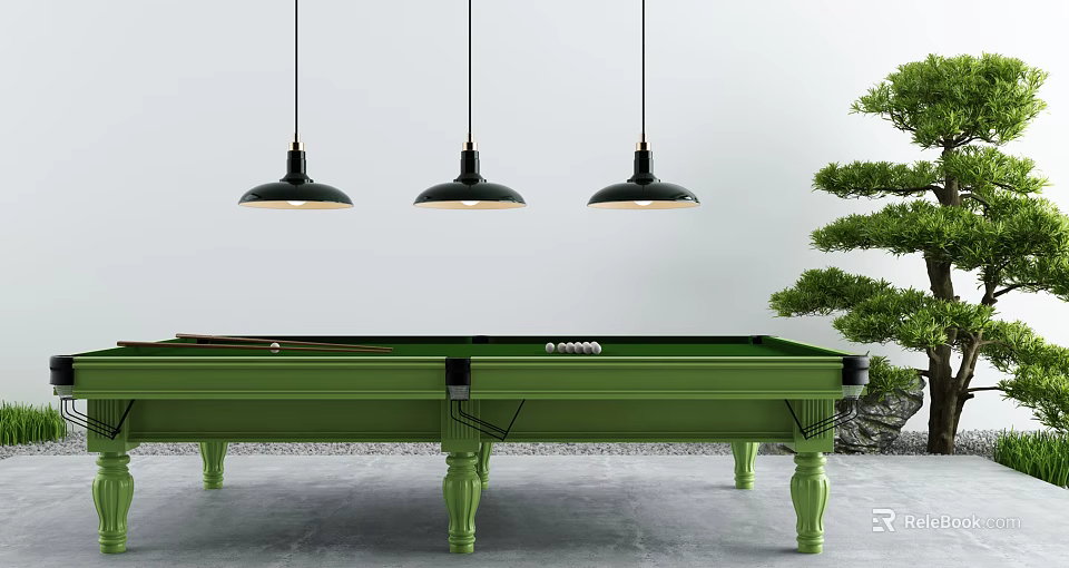 Green Pool Table With Three Pendant Lights And Small Tree In Modern Room 3d model 