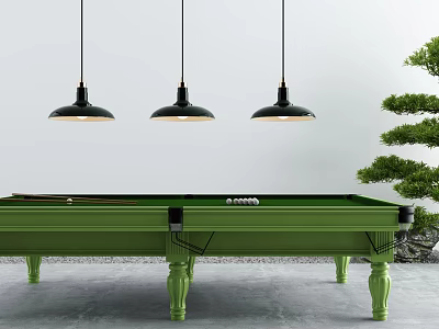 Green Pool Table With Three Pendant Lights And Small Tree In Modern Room 3d model