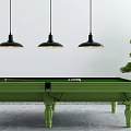 Green Pool Table With Three Pendant Lights And Small Tree In Modern Room