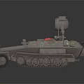 Gray Armored Utility Vehicle With Tracked Wheels Top Searchlight And Gear Bags