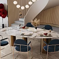 Modern Round Marble Dining Table With Blue Chairs Gold Frame Pendant Lights And Staircase