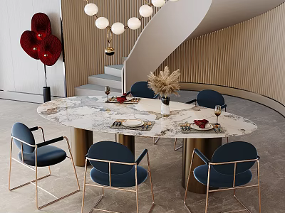 Modern Round Marble Dining Table With Blue Chairs Gold Frame Pendant Lights And Staircase 3d model
