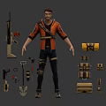 Male Adventurer Character With Companion Creature And Firearm Shovel Backpack Tools