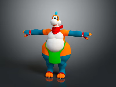 Playful Blue Orange Game Character With Chubby Belly Red Scarf Green Apron And Outstretched Arms 3d model