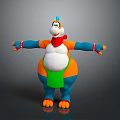 Playful Blue Orange Game Character With Chubby Belly Red Scarf Green Apron And Outstretched Arms