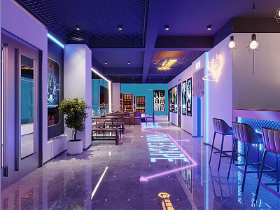 Modern Interior Lounge With Neon Lights Marble Floor Bar Counter And Green Plants 3d model