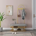 Modern Elegant Shoe Cabinet With Gold Frame Coat Rack And Checkered Cushion Bench
