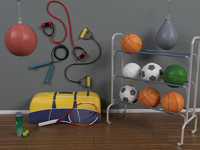 Sports Equipment Including Metal Rack Basketballs Soccer Balls Tennis Rackets Jump Ropes And Punching Bags 3d model