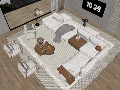 Modern White Sofa and Coffee Table Set with Accent Chairs Area Rug and Floor Lamp 3d model