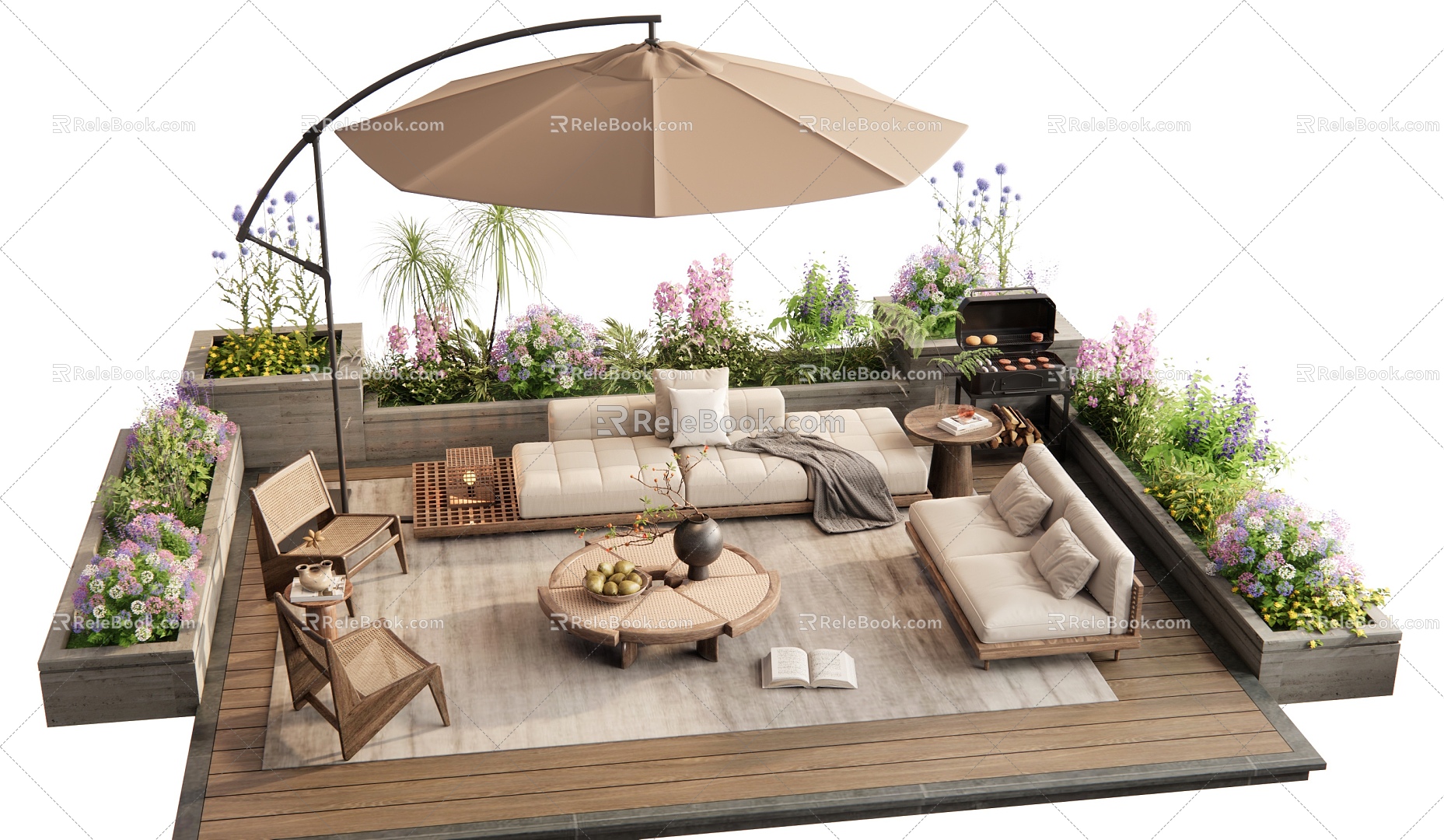 Outdoor Sofa Sofa Coffee Table Combination Rattan Leisure Chair Rattan Coffee Table Flower Pool Green Planting Flowers and Plants Combination 3d model