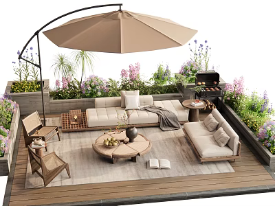 Outdoor Sofa Set On Wooden Patio With Umbrella Grill Plants Flowers And Coffee Table Rug 3d model