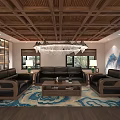 Office Interior Design With Wooden Ceiling Chandelier Bookshelves Large Desk And Rug
