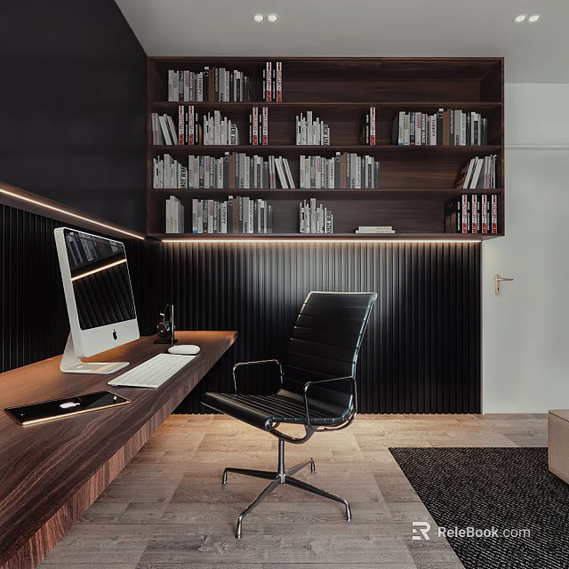 Modern Home Office Interior Design With Wall Mounted Bookshelves Computer Desk And Leather Chair 3d model 