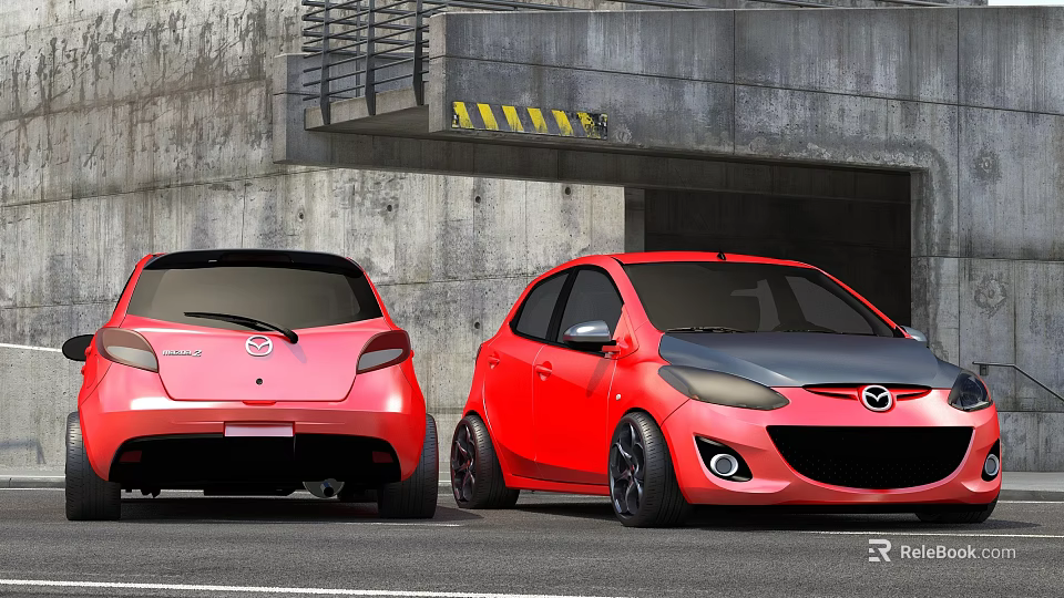 Red Mazda Hatchback Cars at Underground Garage Entrance with Concrete Structure and Yellow Warning Stripes 3d model 