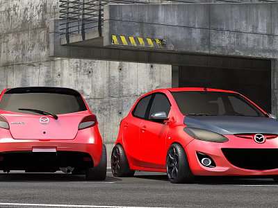 Red Mazda Hatchback Cars at Underground Garage Entrance with Concrete Structure and Yellow Warning Stripes 3d model