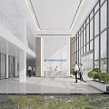 Modern Office Lobby Reception Desk With Marble Backdrop And Large Windows