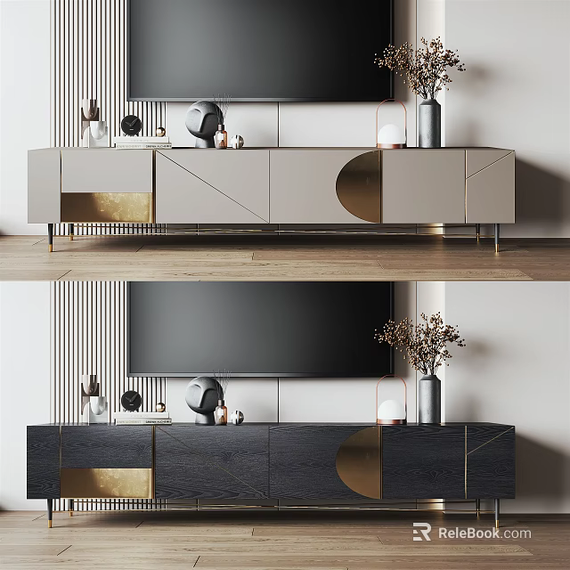 Modern TV Stand with Light Dark Gray Finish Gold Accents and Decorative Items 3d model 
